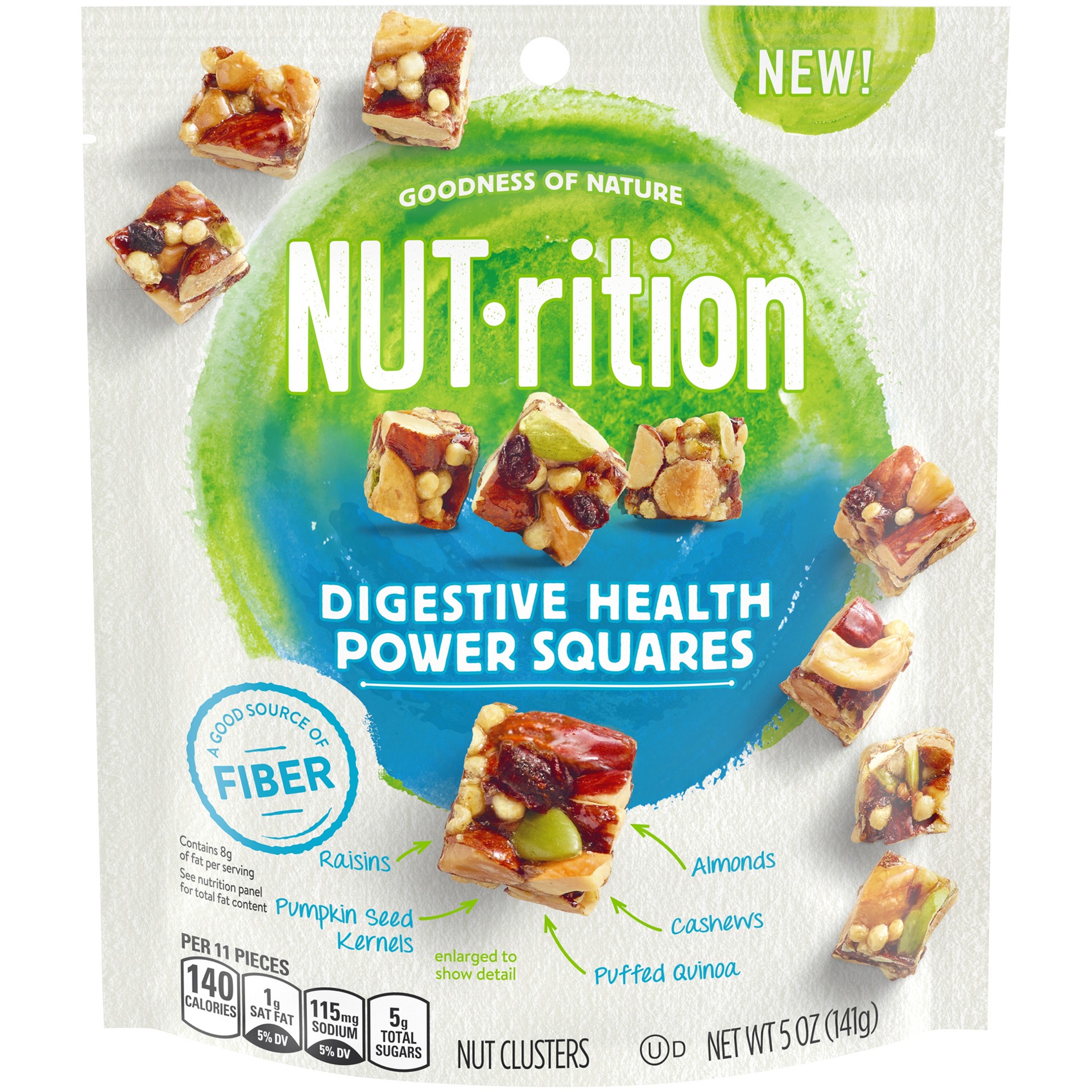 slide 1 of 10, Planters NUT-rition Digestive Health Power Squares Nut Clusters with Raisins, Pumpkin Seeds, Quinoa, Cashews & Almonds, 5 oz Bag, 5 oz
