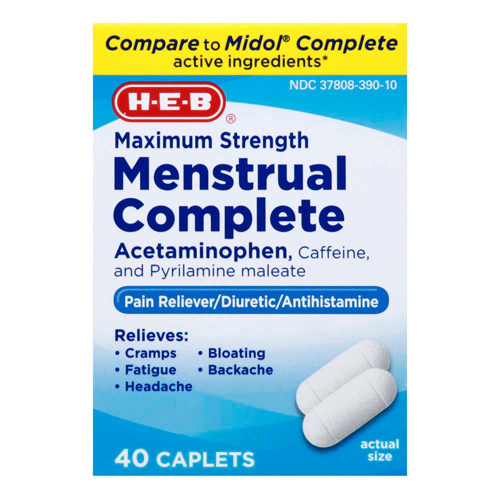 slide 1 of 1, H-E-B Menstrual Complete Maximum Strength Multi-Symptom Caplets, 40 ct