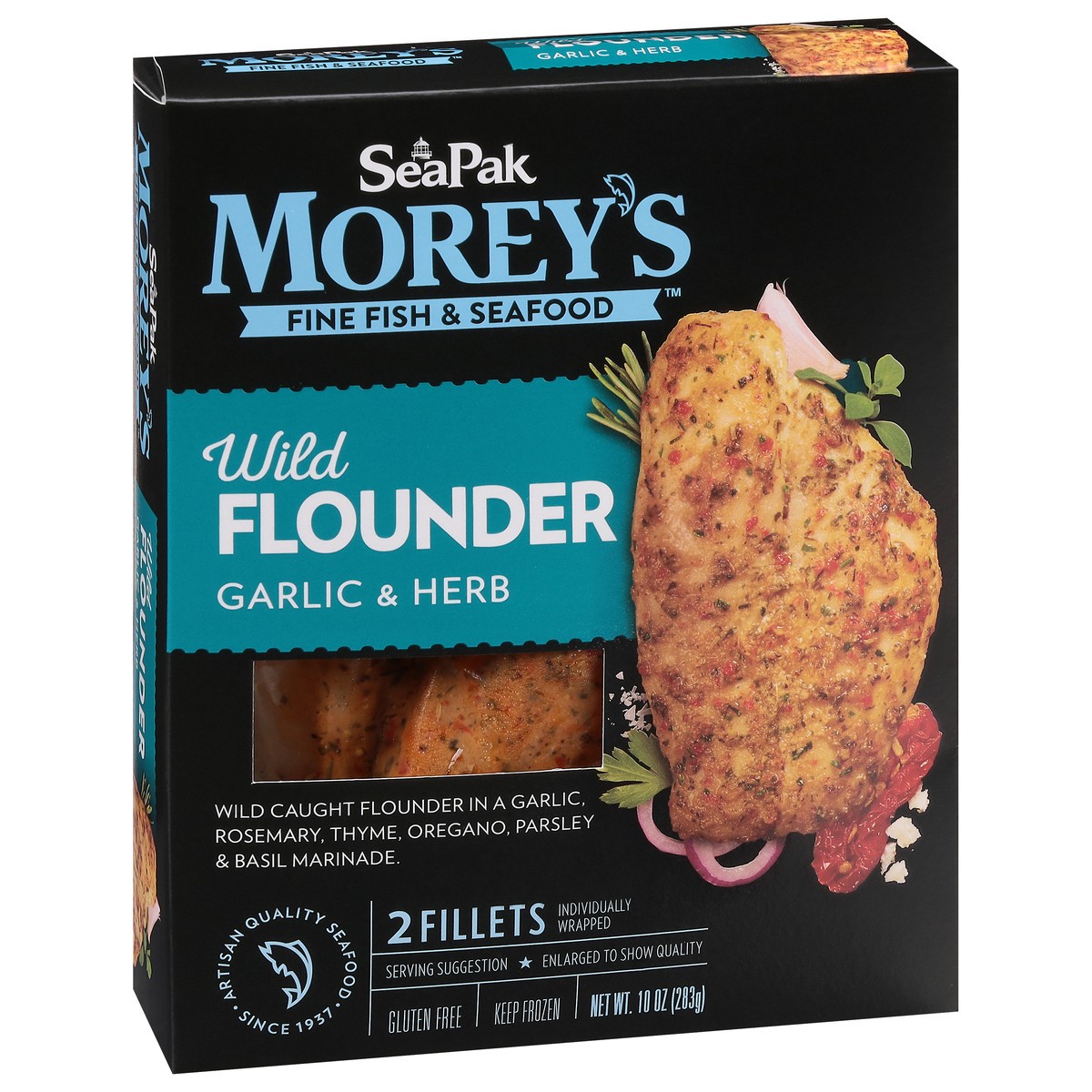 slide 3 of 9, SeaPak Morey's Wild Garlic & Herb Flounder 2 Fillets, 0.28 kg
