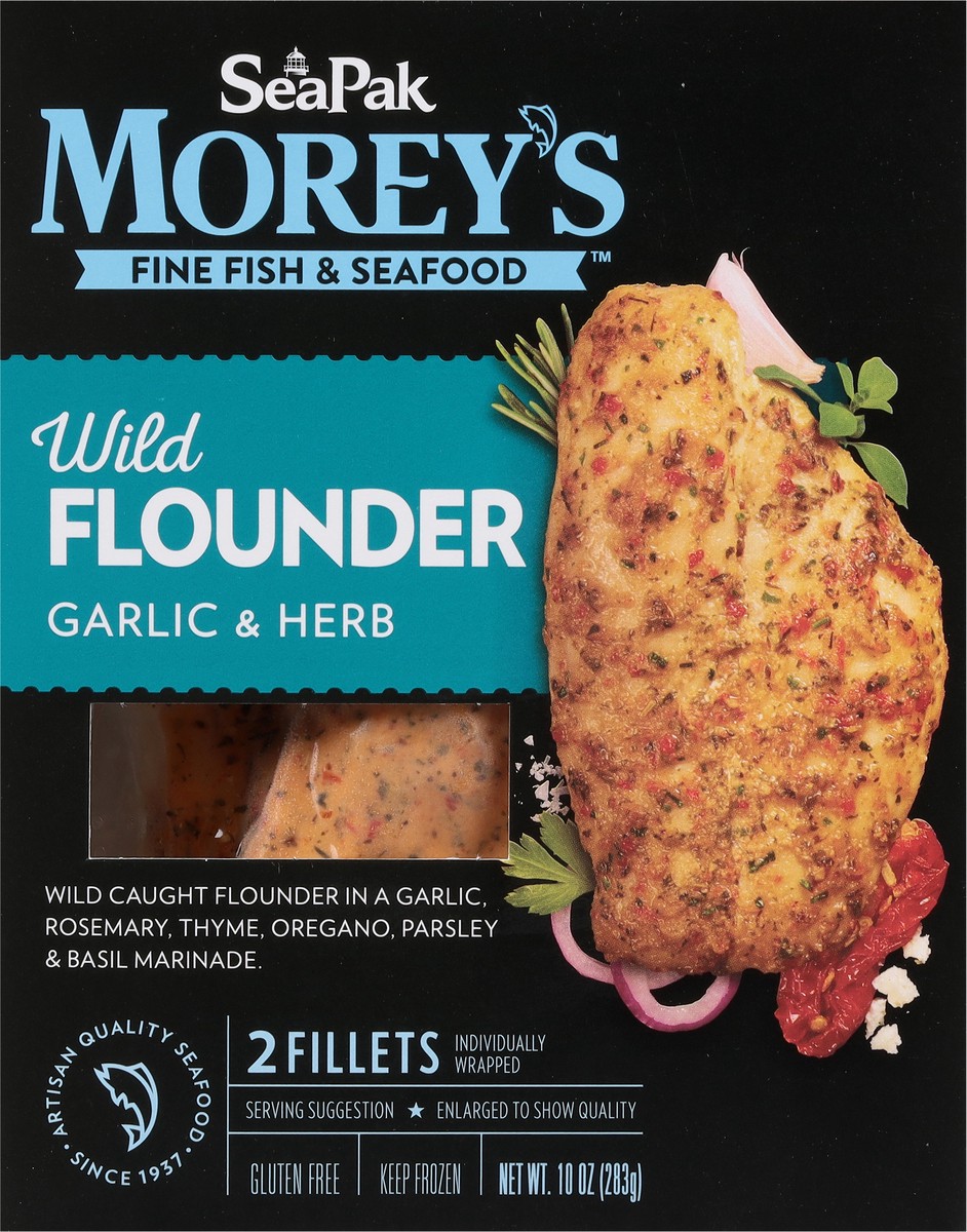 slide 7 of 9, SeaPak Morey's Wild Garlic & Herb Flounder 2 Fillets, 0.28 kg