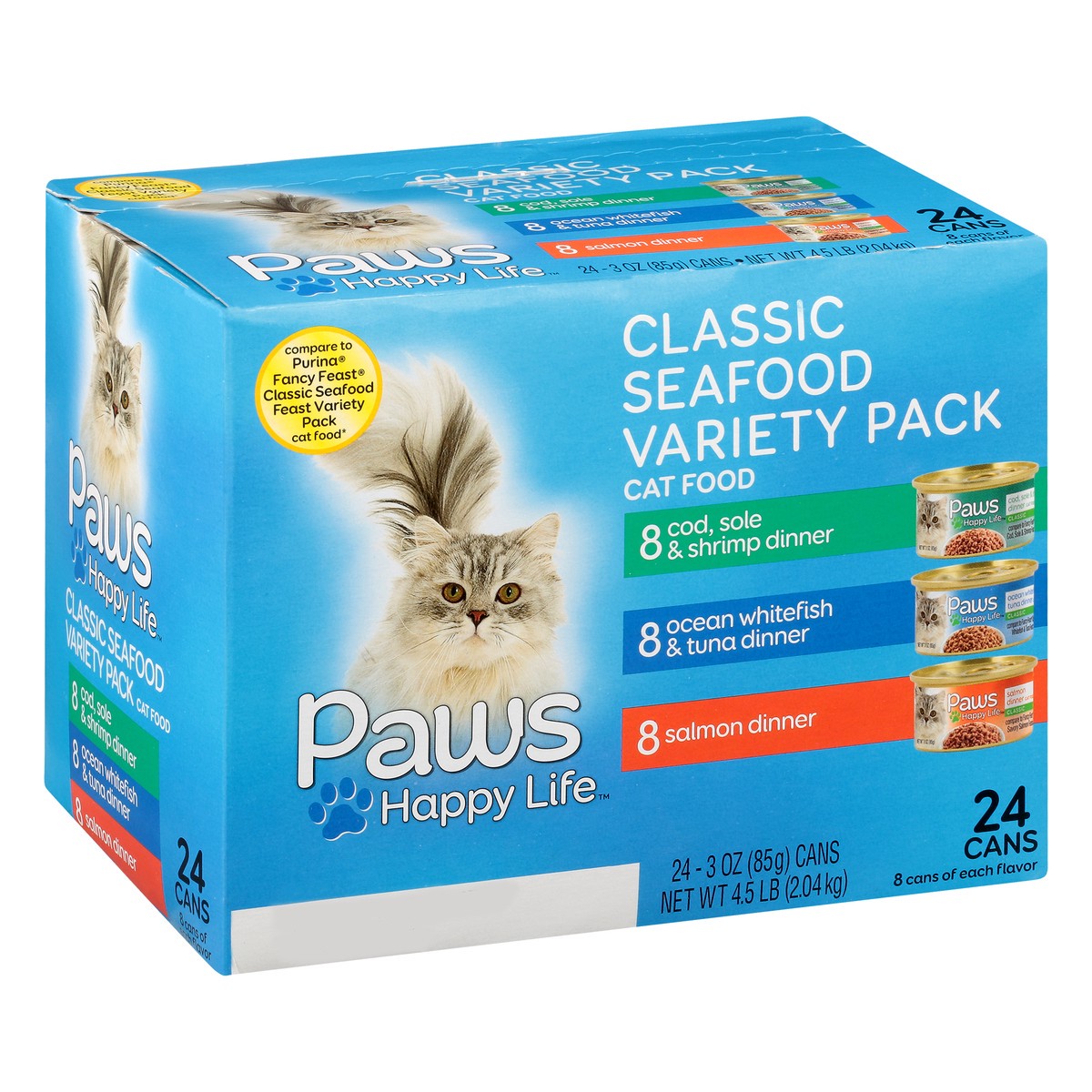 slide 5 of 9, Paws Happy Life Variety Pack Classic Seafood Cat Food 24 3 oz 24 ea Box, 24 ct