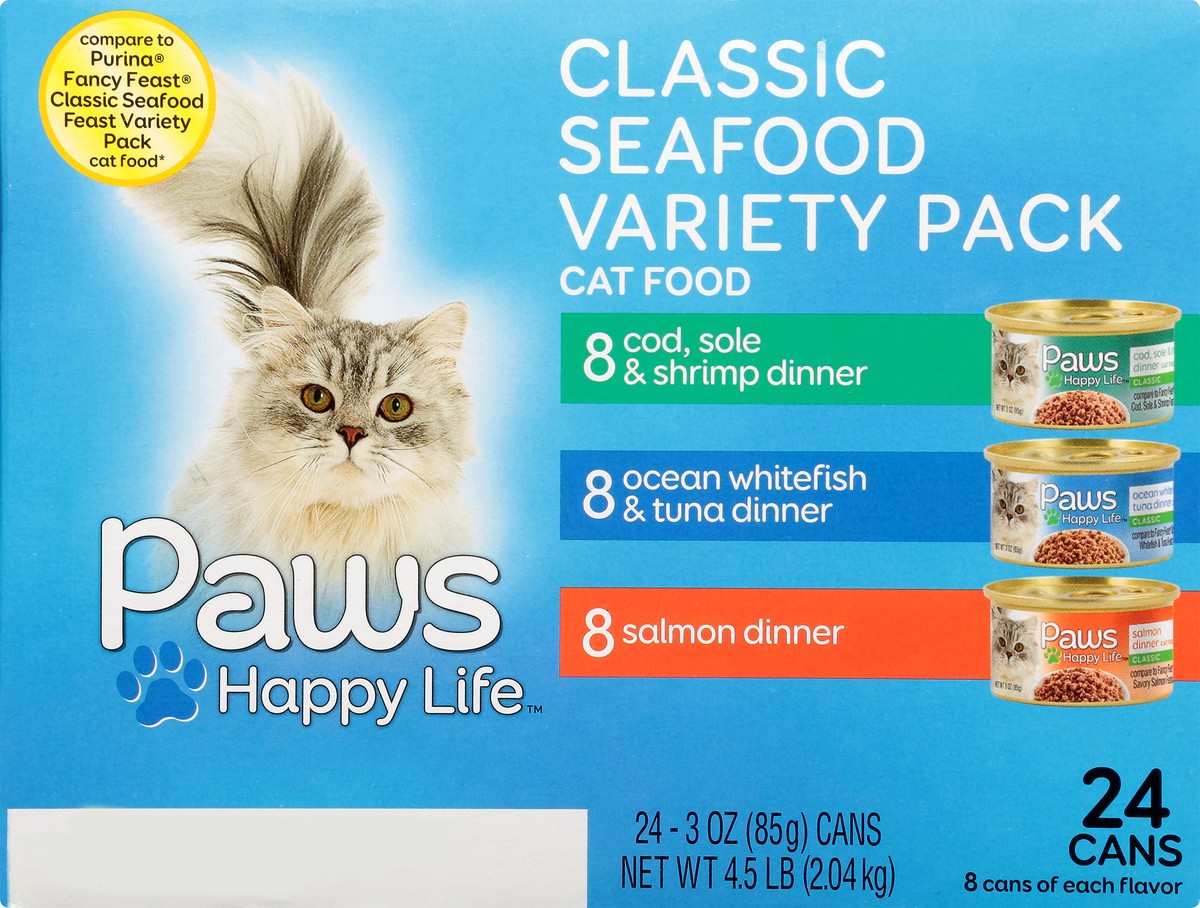 slide 4 of 9, Paws Happy Life Variety Pack Classic Seafood Cat Food 24 3 oz 24 ea Box, 24 ct