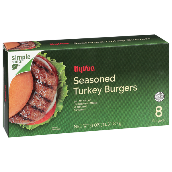 slide 1 of 1, Hy-Vee Seasoned Turkey Burgers 8Ct, 32 oz