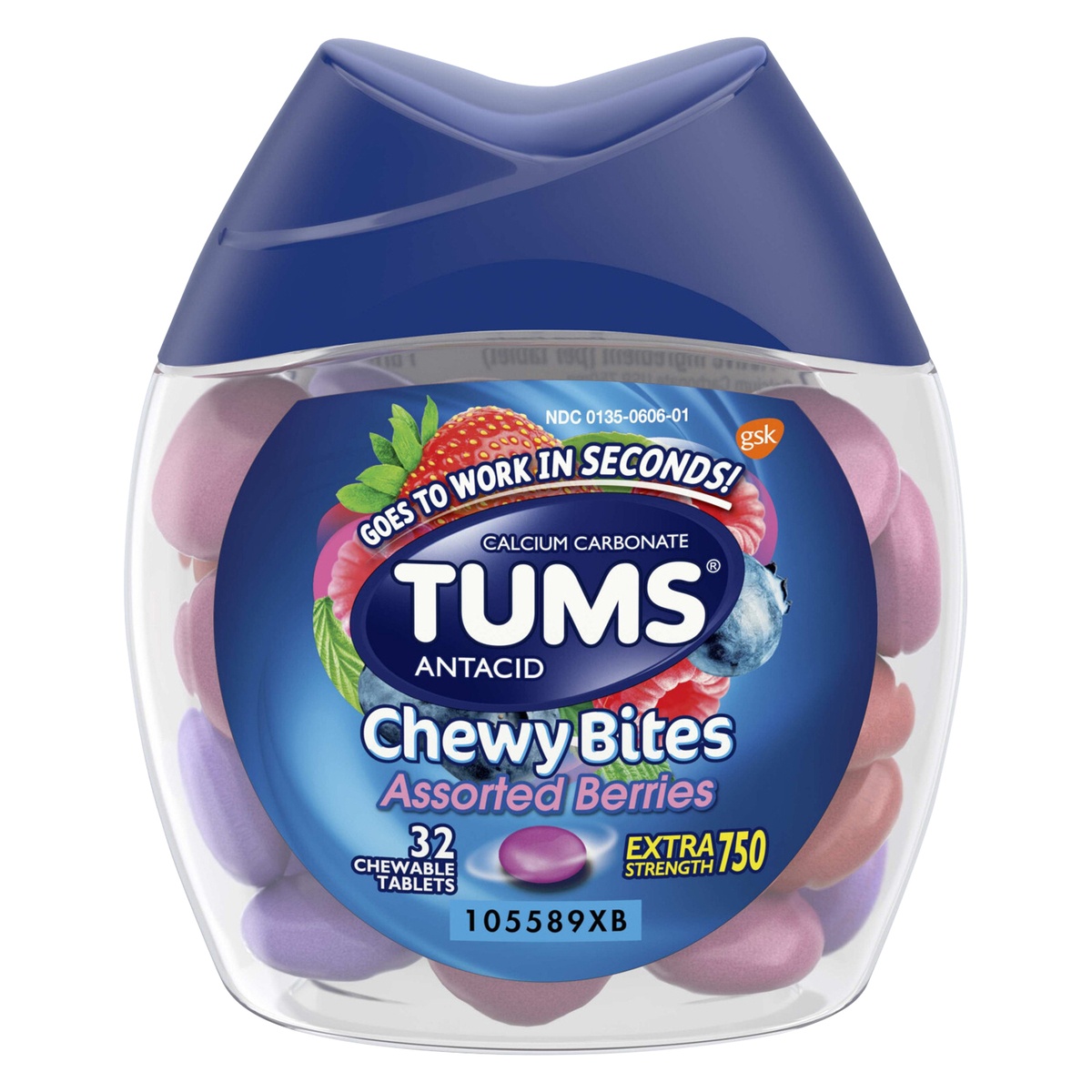 slide 1 of 1, TUMS Chewy Bites Chewable Antacid Tablets for Heartburn Relief, Assorted Berries - 32 Count, 32 ct