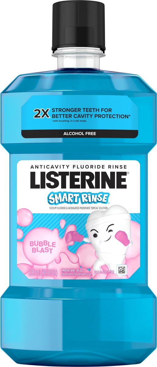 slide 7 of 7, Listerine Smart Rinse Kids Alcohol-Free Anticavity Sodium Fluoride Mouthwash, ADA Accepted Oral Rinse for Dental Cavity Protection, Bubble Blast Flavor for Children's Oral Care, 500 ml