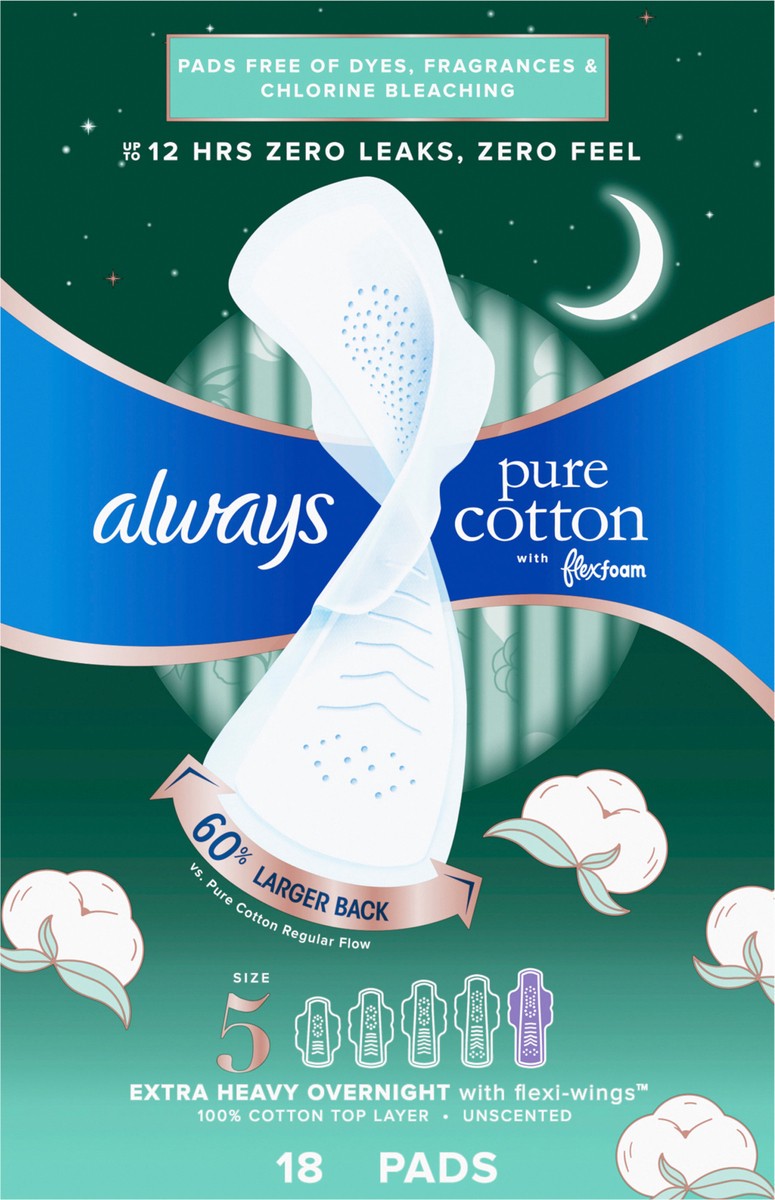 slide 4 of 4, Always Pure Cotton Pads with FlexFoam, Size 5, Extra Heavy Overnight Absorbency, with Wings, Unscented, 18 CT, 18 ct