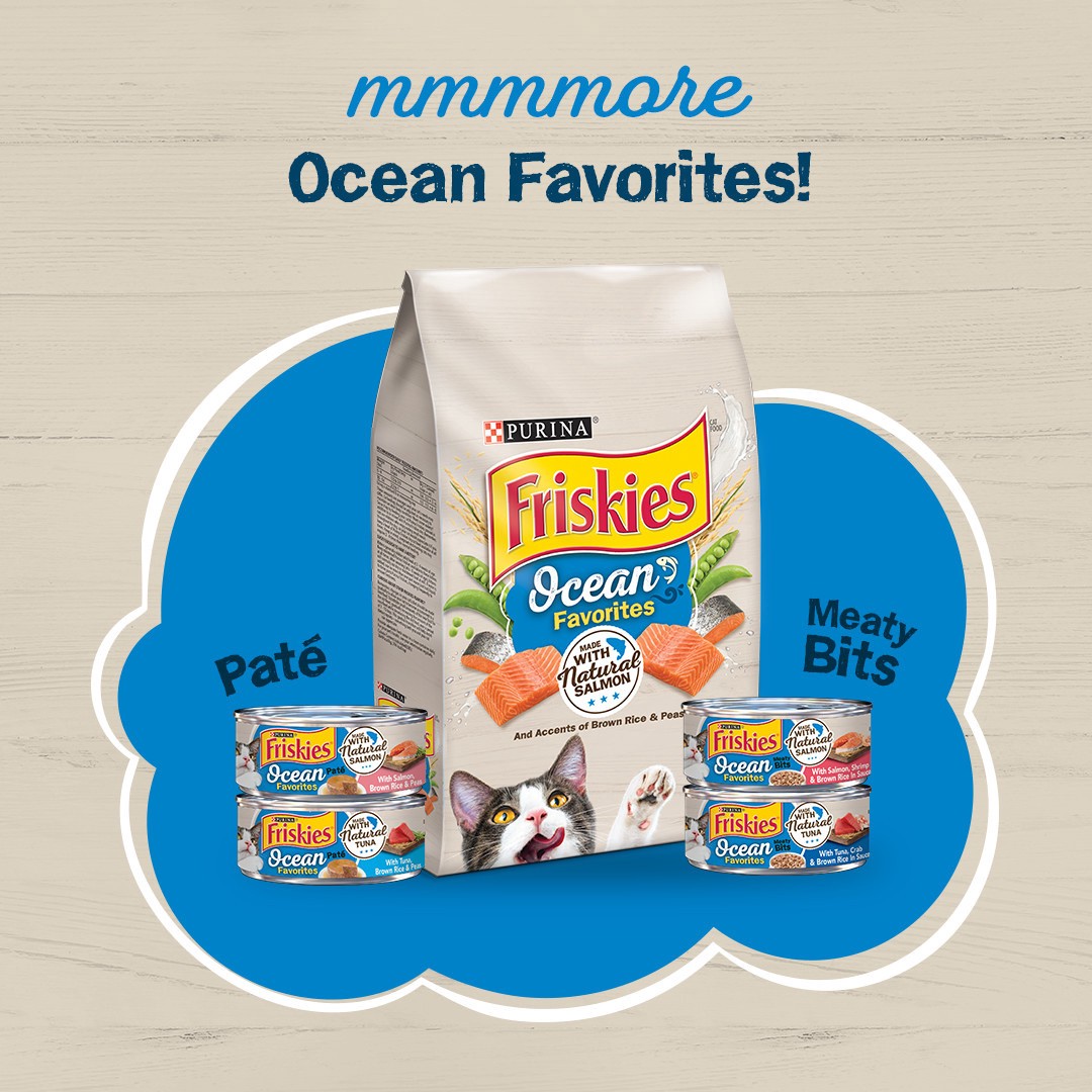 slide 3 of 8, Friskies Purina Friskies Natural Wet Cat Food, Ocean Favorites Meaty Bits With Tuna, Crab & Brown Rice, 5.5 oz