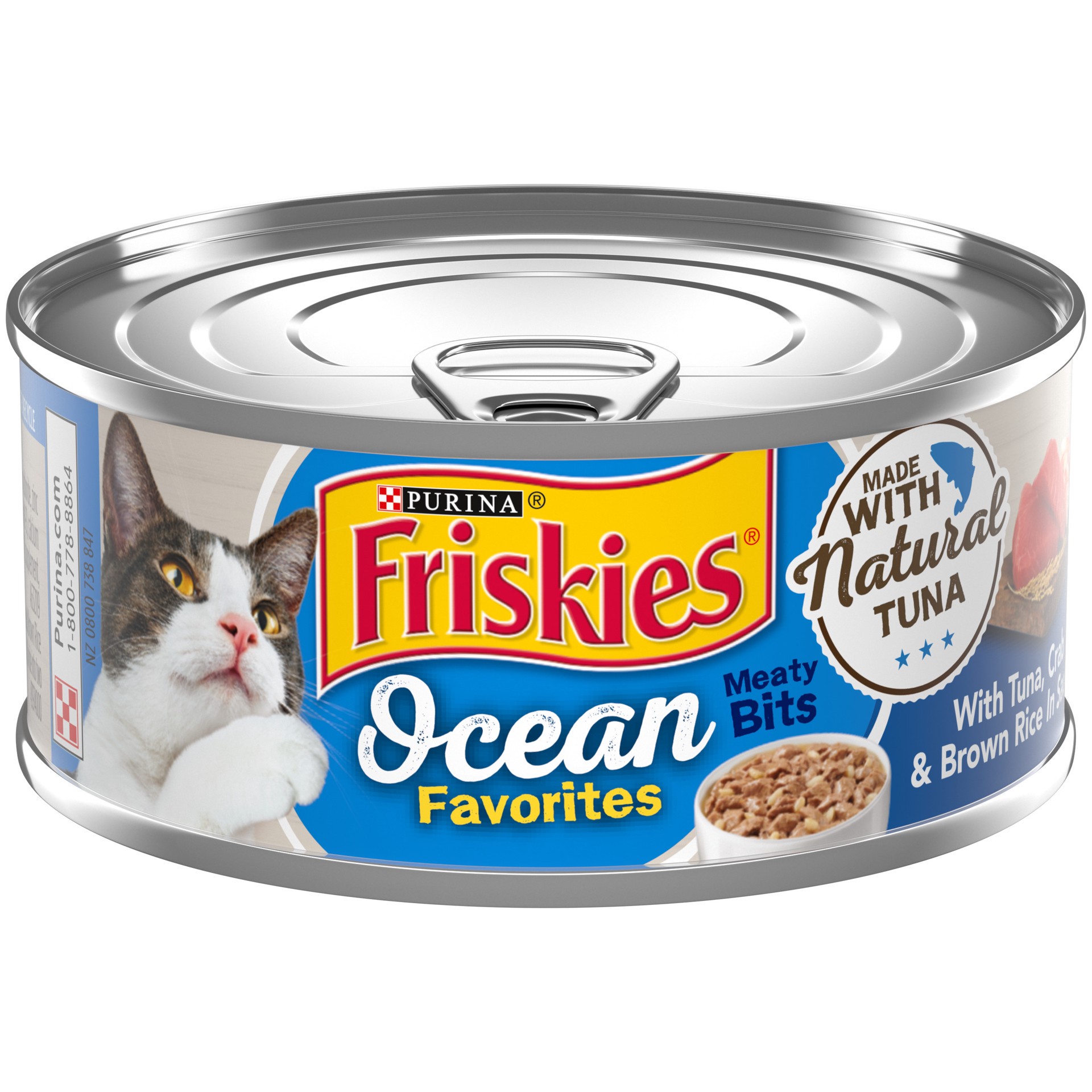 slide 1 of 8, Friskies Purina Friskies Natural Wet Cat Food, Ocean Favorites Meaty Bits With Tuna, Crab & Brown Rice, 5.5 oz