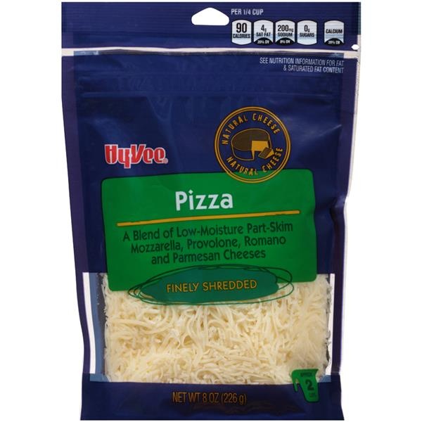 slide 1 of 1, Hy-vee Pizza A Blend Of Low-moisture Part-skim Mozzarella, Provolone, Romano And Parmesan Finely Shredded Cheeses, 8 oz
