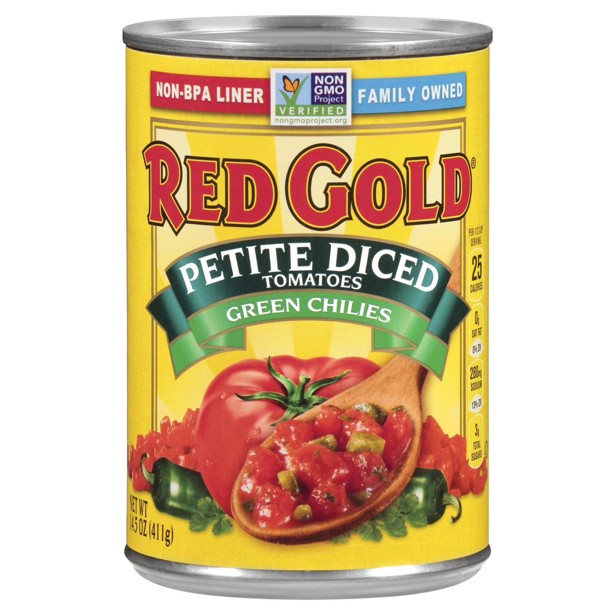 slide 1 of 2, Red Gold Petite Diced Tomatoes with Green Chilies 14.5 oz. Can, 14.5 oz