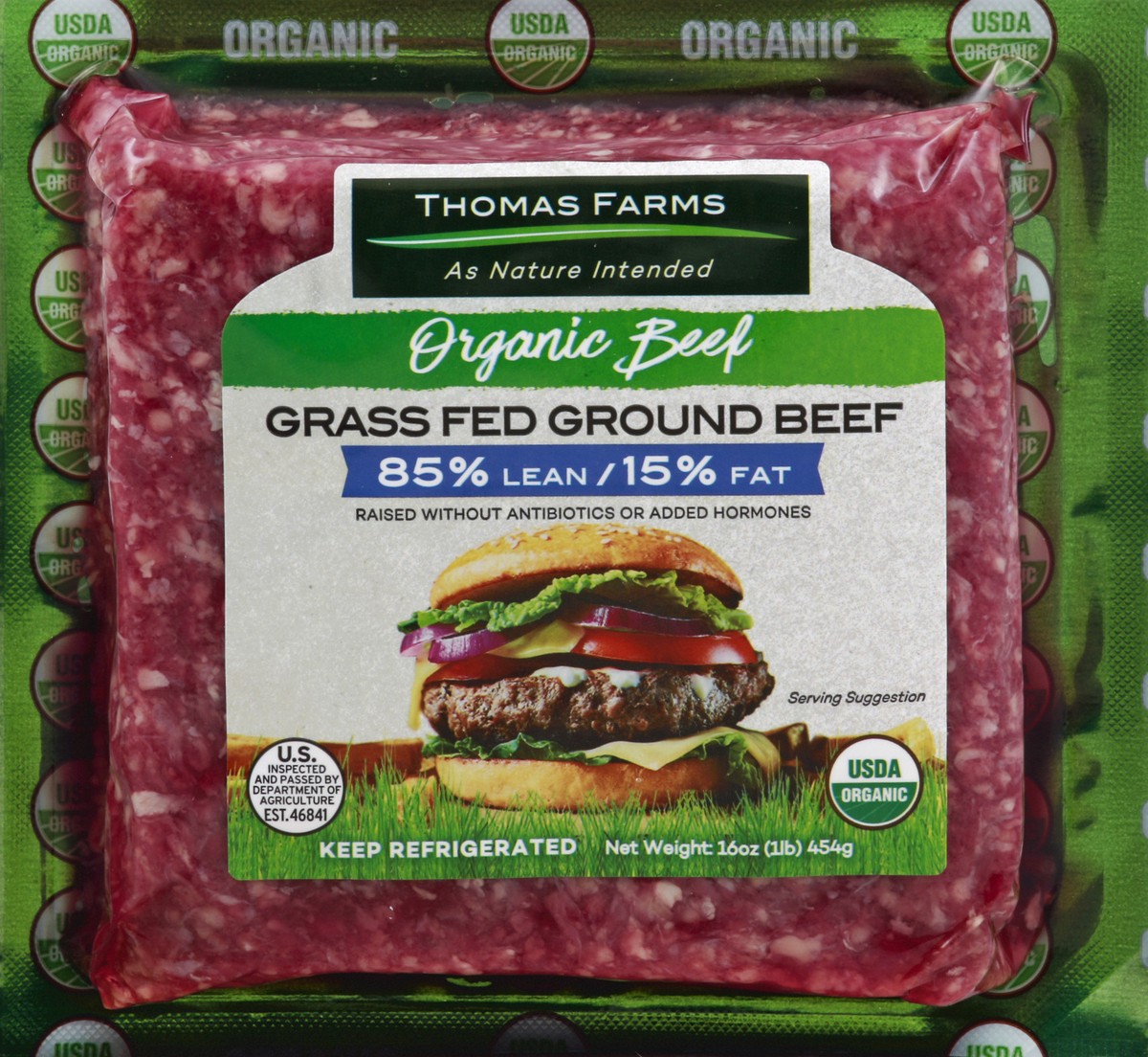 slide 2 of 5, Thomas Farms Organic Grass Fed 85% Lean / 15% Fat Ground Beef, 16 oz