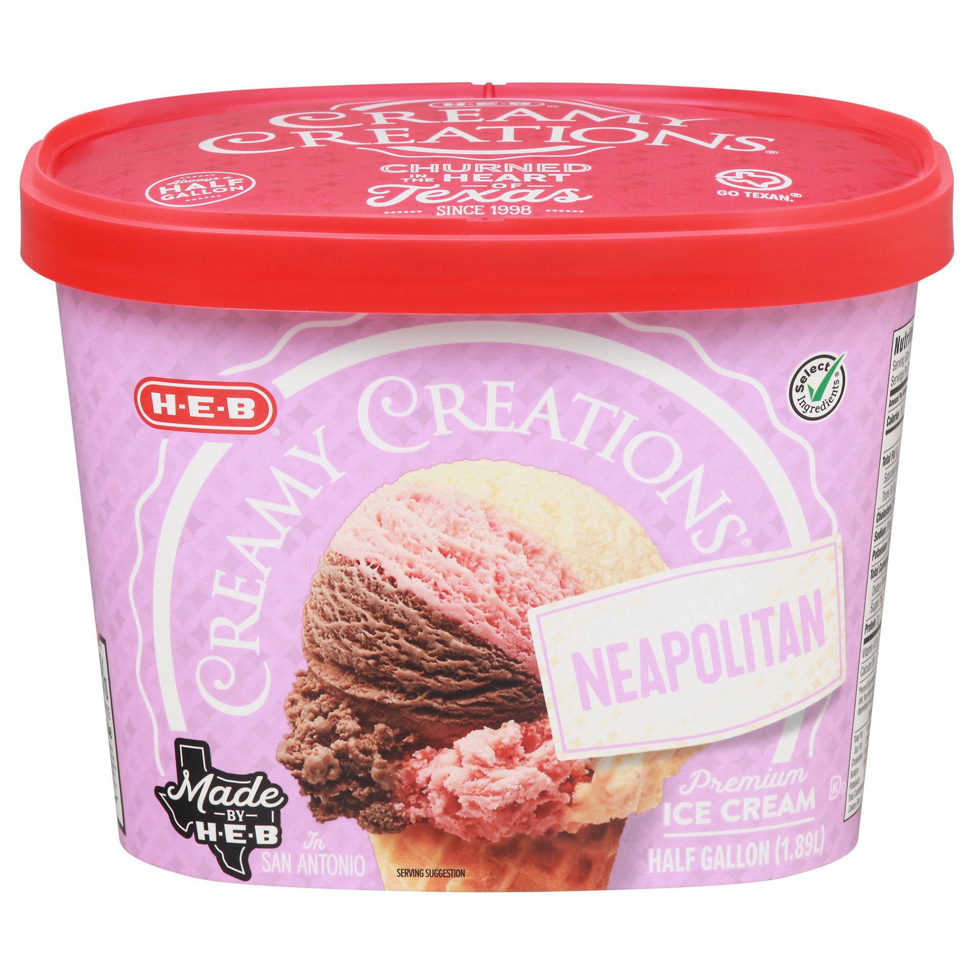 slide 1 of 1, H-E-B Creamy Creations Neapolitan Ice Cream, 1/2 gal