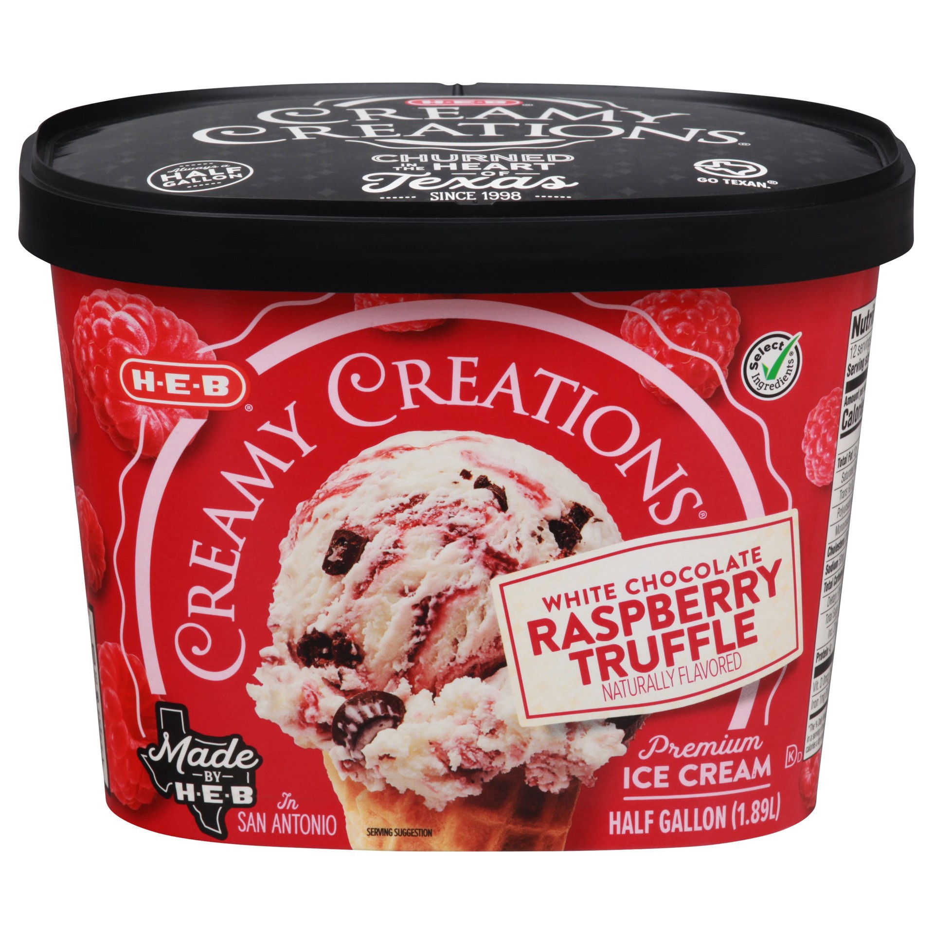 slide 1 of 1, H-E-B Creamy Creations White Chocolate Raspberry Truffle Ice Cream, 64 fl oz