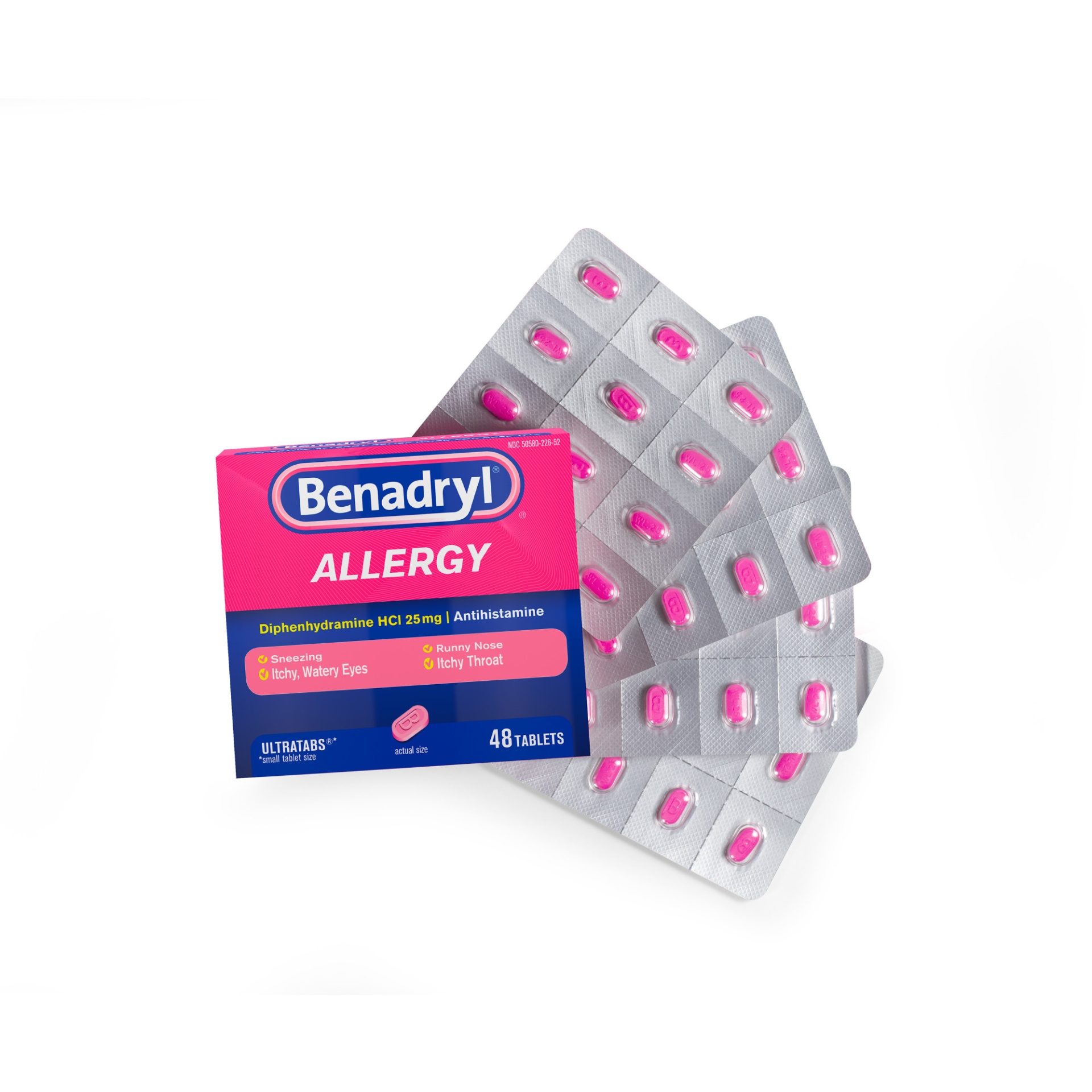 slide 1 of 5, Benadryl Ultratabs Antihistamine Allergy Relief Medicine, 25 mg Diphenhydramine HCl Tablets For Relief of Allergy Symptoms Due to Hay Fever, Upper Respiratory Allergies & More, 48 ct; 25 mg