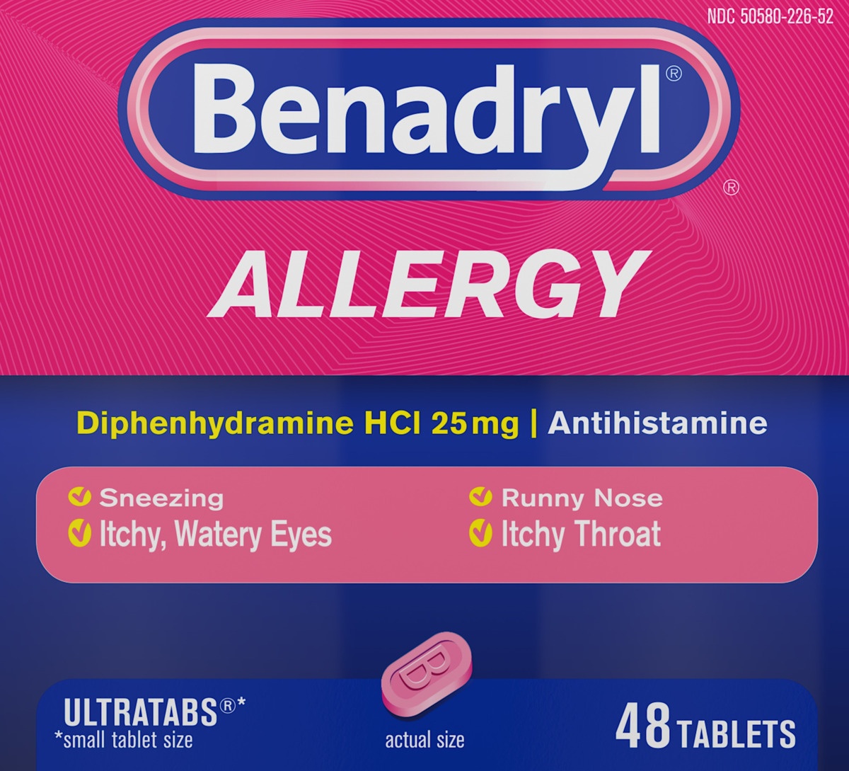 slide 4 of 5, Benadryl Ultratabs Antihistamine Allergy Relief Medicine, 25 mg Diphenhydramine HCl Tablets For Relief of Allergy Symptoms Due to Hay Fever, Upper Respiratory Allergies & More, 48 ct; 25 mg