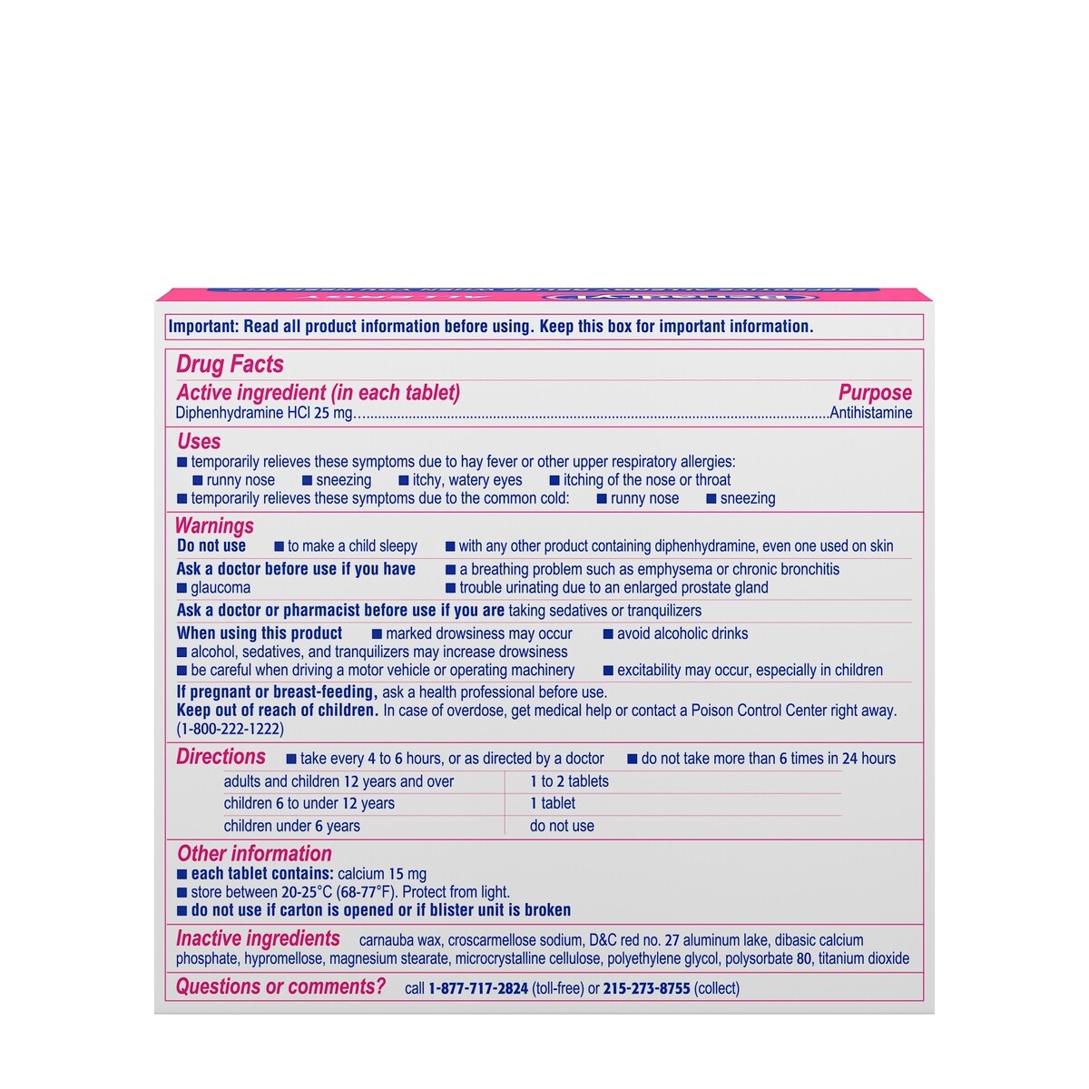 slide 5 of 5, Benadryl Ultratabs Antihistamine Allergy Relief Medicine, 25 mg Diphenhydramine HCl Tablets For Relief of Allergy Symptoms Due to Hay Fever, Upper Respiratory Allergies & More, 48 ct; 25 mg
