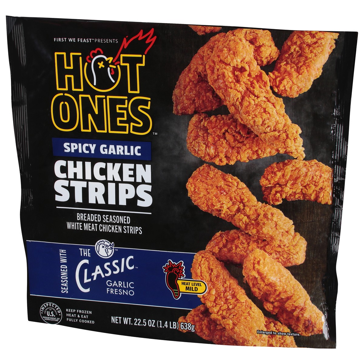 slide 2 of 9, Hot Ones Mild Spicy Garlic Chicken Strips 22.5 oz, 22.5 oz