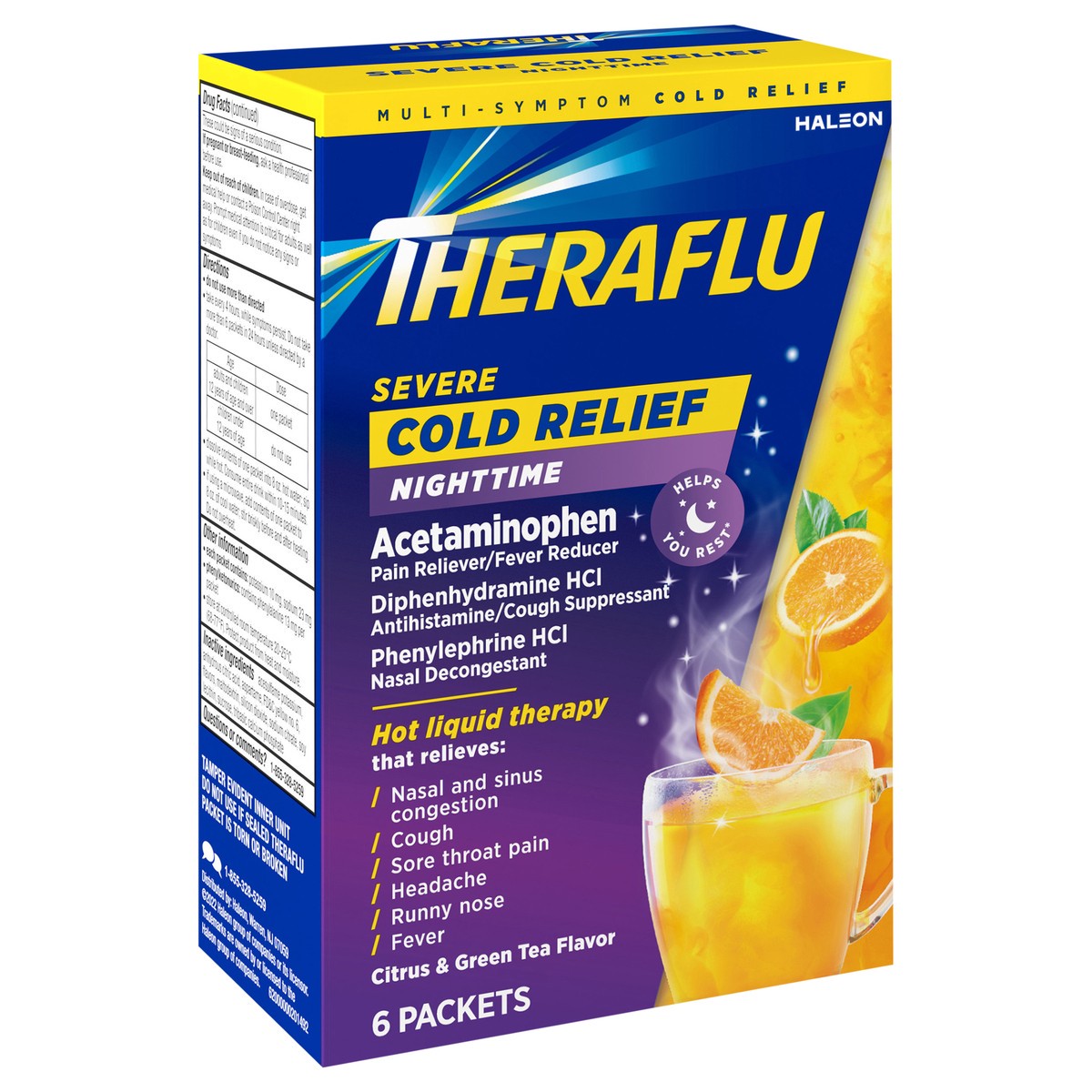 slide 2 of 9, Theraflu Nighttime Multi-Symptom Severe Cold Hot Liquid Powder Green Tea and Citrus Flavors 6 Count Box, 6 ct