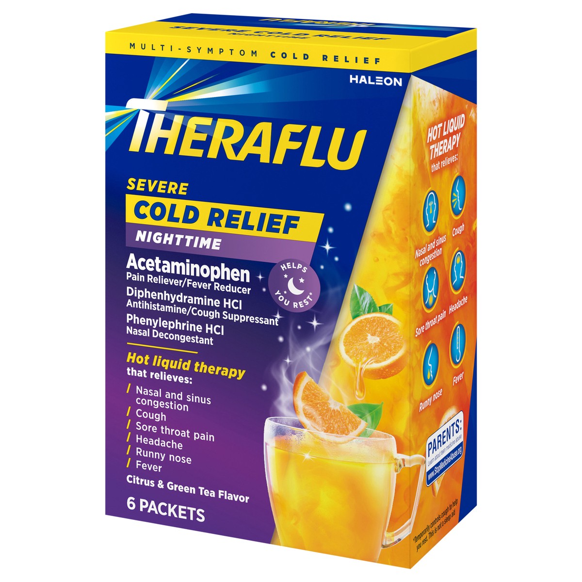 slide 3 of 9, Theraflu Nighttime Multi-Symptom Severe Cold Hot Liquid Powder Green Tea and Citrus Flavors 6 Count Box, 6 ct