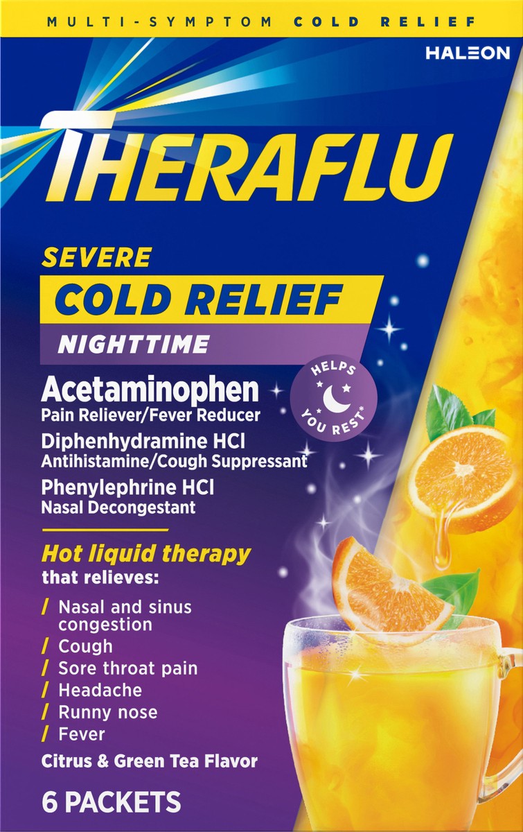 slide 6 of 9, Theraflu Nighttime Multi-Symptom Severe Cold Hot Liquid Powder Green Tea and Citrus Flavors 6 Count Box, 6 ct