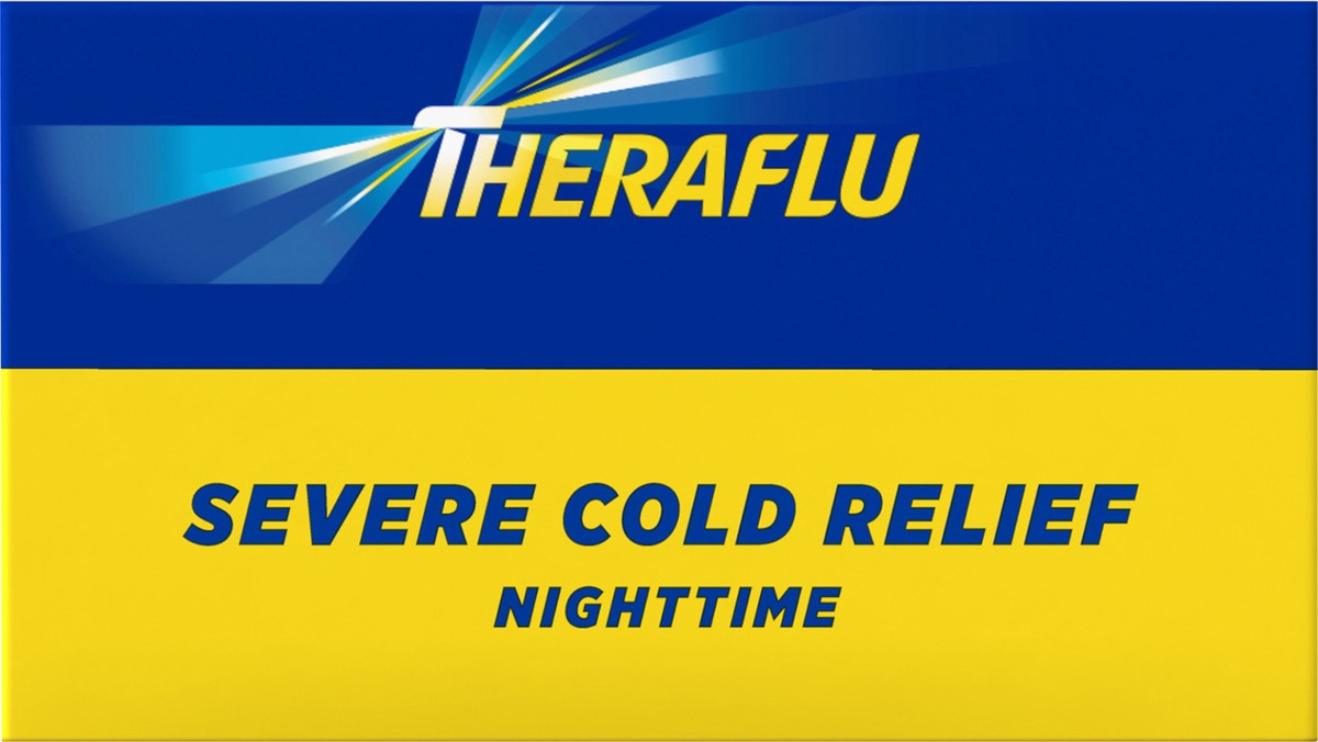 slide 9 of 9, Theraflu Nighttime Multi-Symptom Severe Cold Hot Liquid Powder Green Tea and Citrus Flavors 6 Count Box, 6 ct