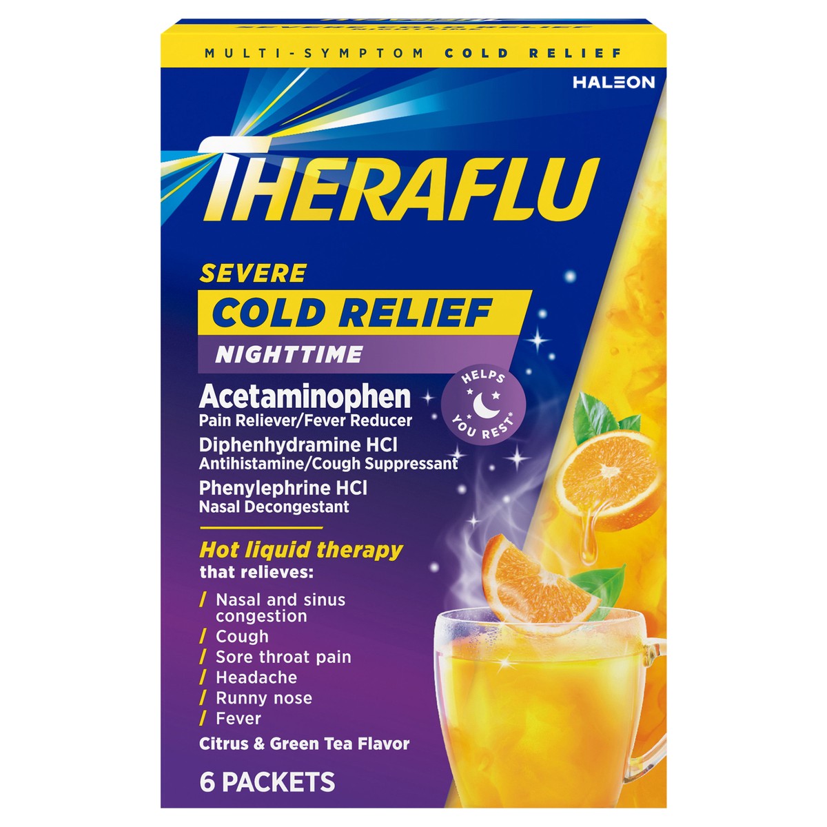 slide 1 of 9, Theraflu Nighttime Multi-Symptom Severe Cold Hot Liquid Powder Green Tea and Citrus Flavors 6 Count Box, 6 ct