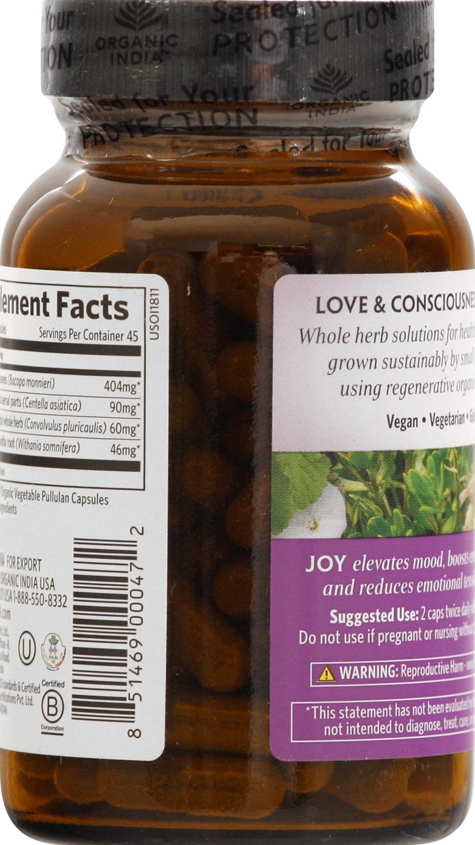 slide 10 of 12, Organic India Vegetarian Caps Joy Herbal Supplement 90 ea, 90 ct