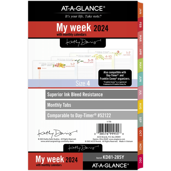 slide 1 of 8, At-A-Glance Kathy Davis Weekly/Monthly Loose-Leaf Planner Refill Pages, 5-1/2" X 8-1/2", January To December 2024, Kd81-285Y, 1 ct