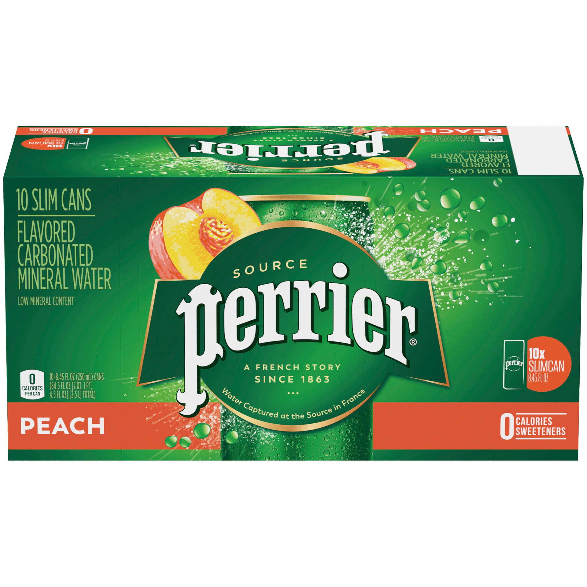 slide 1 of 2, PERRIER Peach Flavored Carbonated Mineral Water - 84.5 oz, 10 ct; 8.45 fl oz