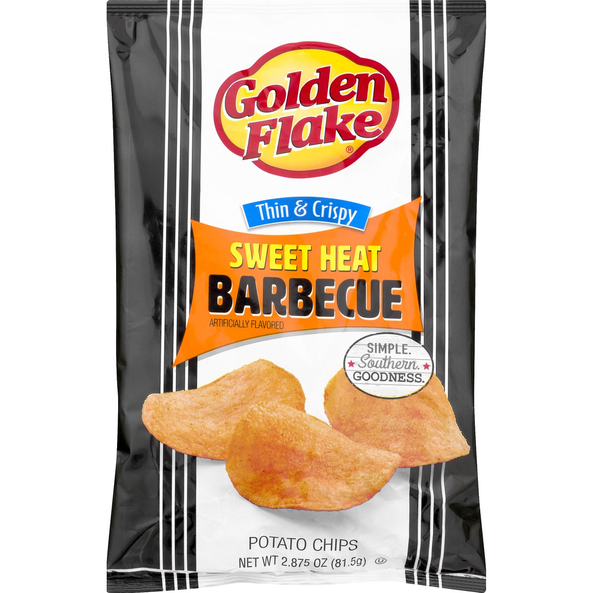 slide 1 of 11, Golden Flake Sweet Heat Barbecue Thin & Crispy Flavored Potato Chips, 2.875 oz