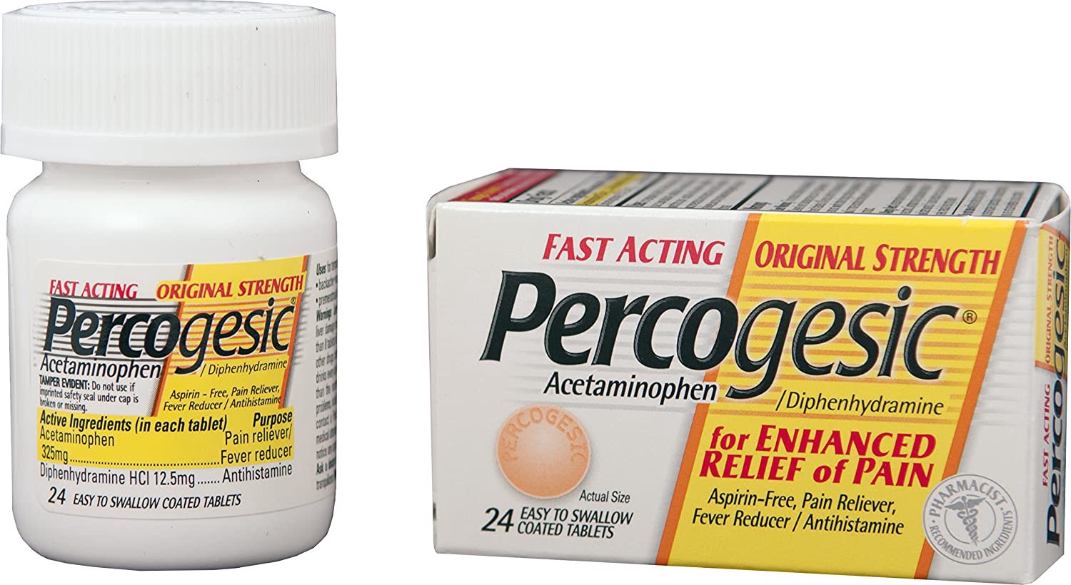 slide 1 of 2, Percogesic Original Strength, Acetaminophen and Diphenhydramine, 24 Tablets, 24 ct