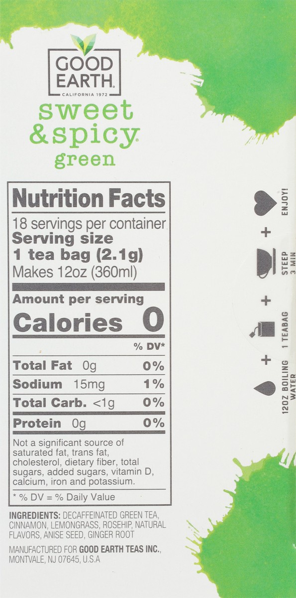 slide 12 of 13, Good Earth Sweet & Spicy Decaffeinated Tea Bags Green Green Tea 1.33 oz, 1.33 oz