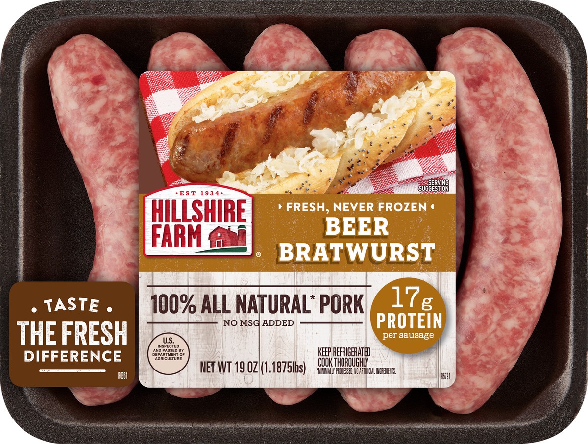 slide 4 of 5, Hillshire Farm All Natural* Beer Bratwurst Pork Sausages, 5 Count, 19 oz. (Fresh), 19 oz