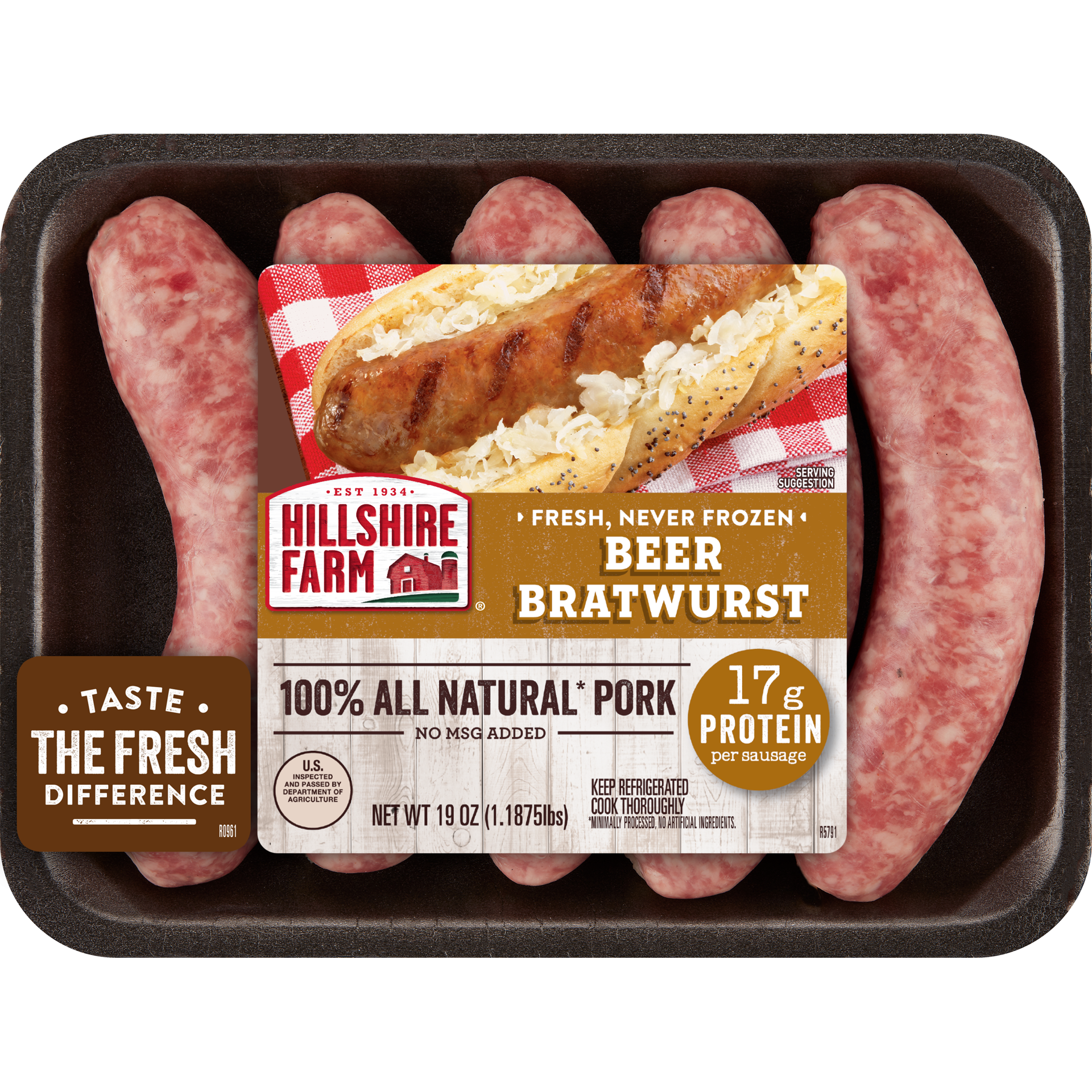 slide 1 of 5, Hillshire Farm All Natural* Beer Bratwurst Pork Sausages, 5 Count, 19 oz. (Fresh), 19 oz