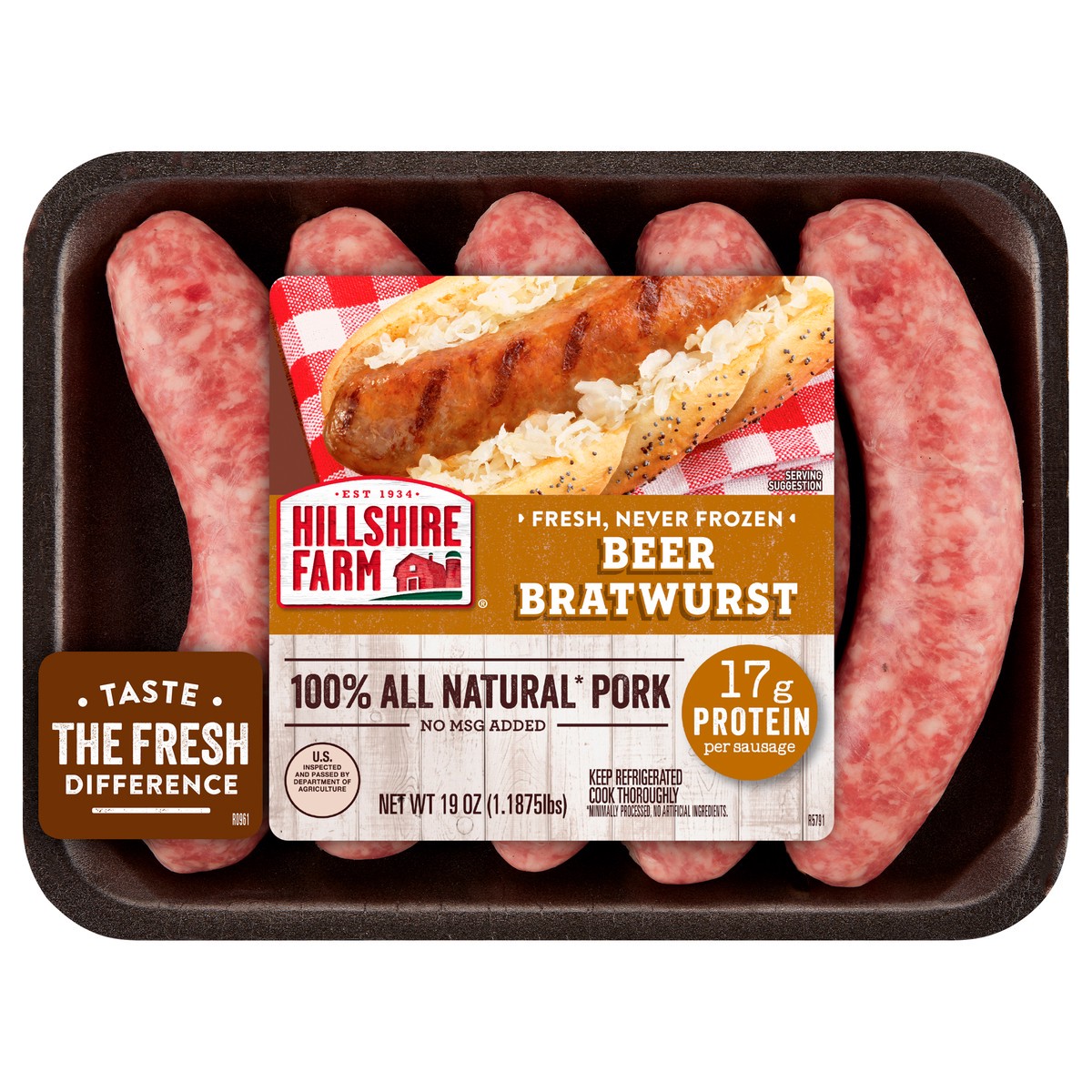 slide 5 of 5, Hillshire Farm All Natural* Beer Bratwurst Pork Sausages, 5 Count, 19 oz. (Fresh), 19 oz