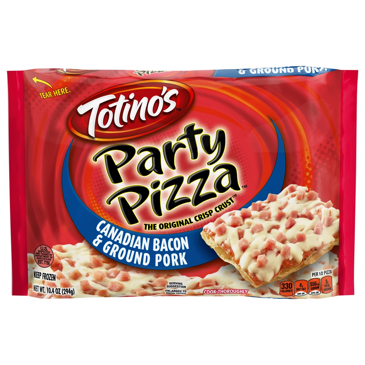 slide 1 of 1, Totino's Party Pizza, Canadian Bacon & Ground Pork, 10.4 oz Pizza (frozen), 10.4 oz