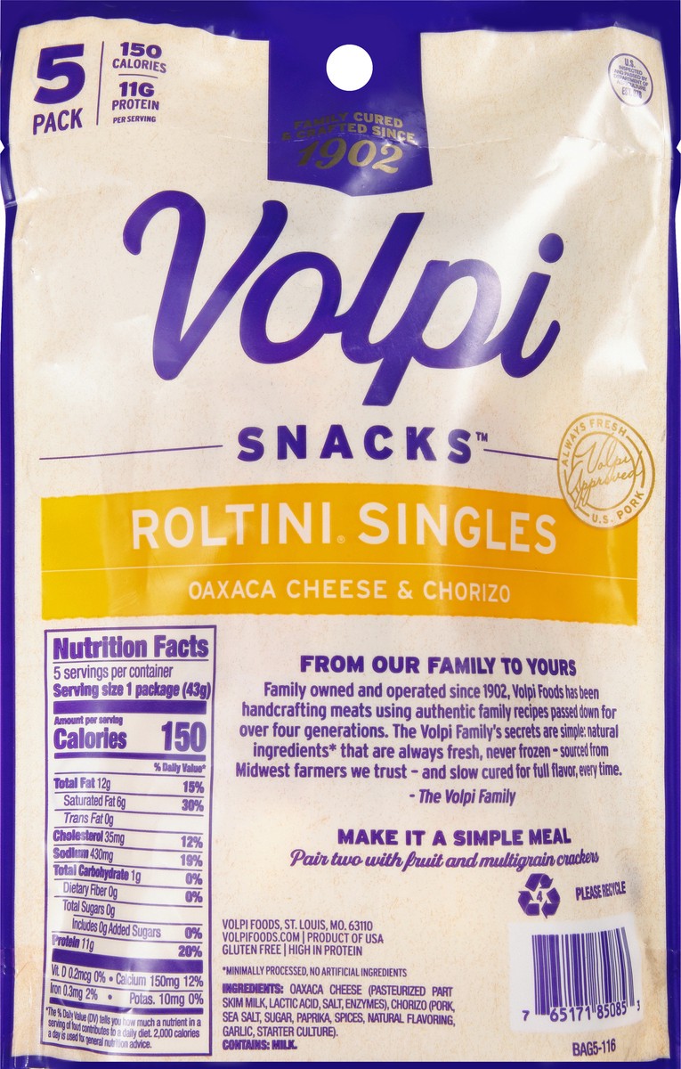 slide 10 of 12, Volpi Keto-Friendly Volpi Roltini Singles with Oaxaca Cheese & Chorizo 5pk, 5 ct