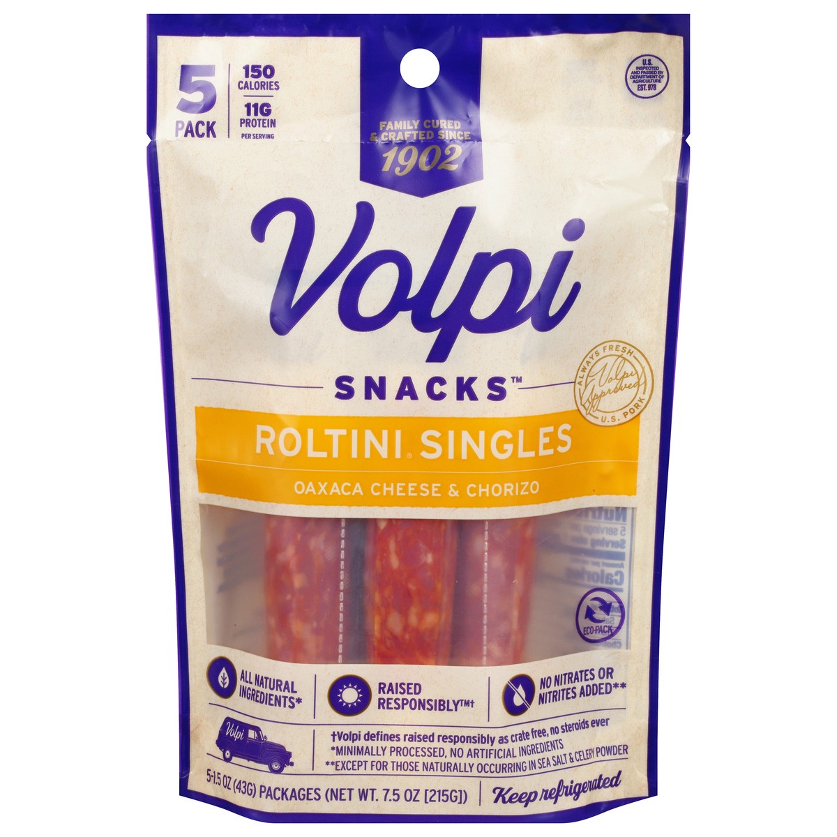 slide 1 of 12, Volpi Keto-Friendly Volpi Roltini Singles with Oaxaca Cheese & Chorizo 5pk, 5 ct