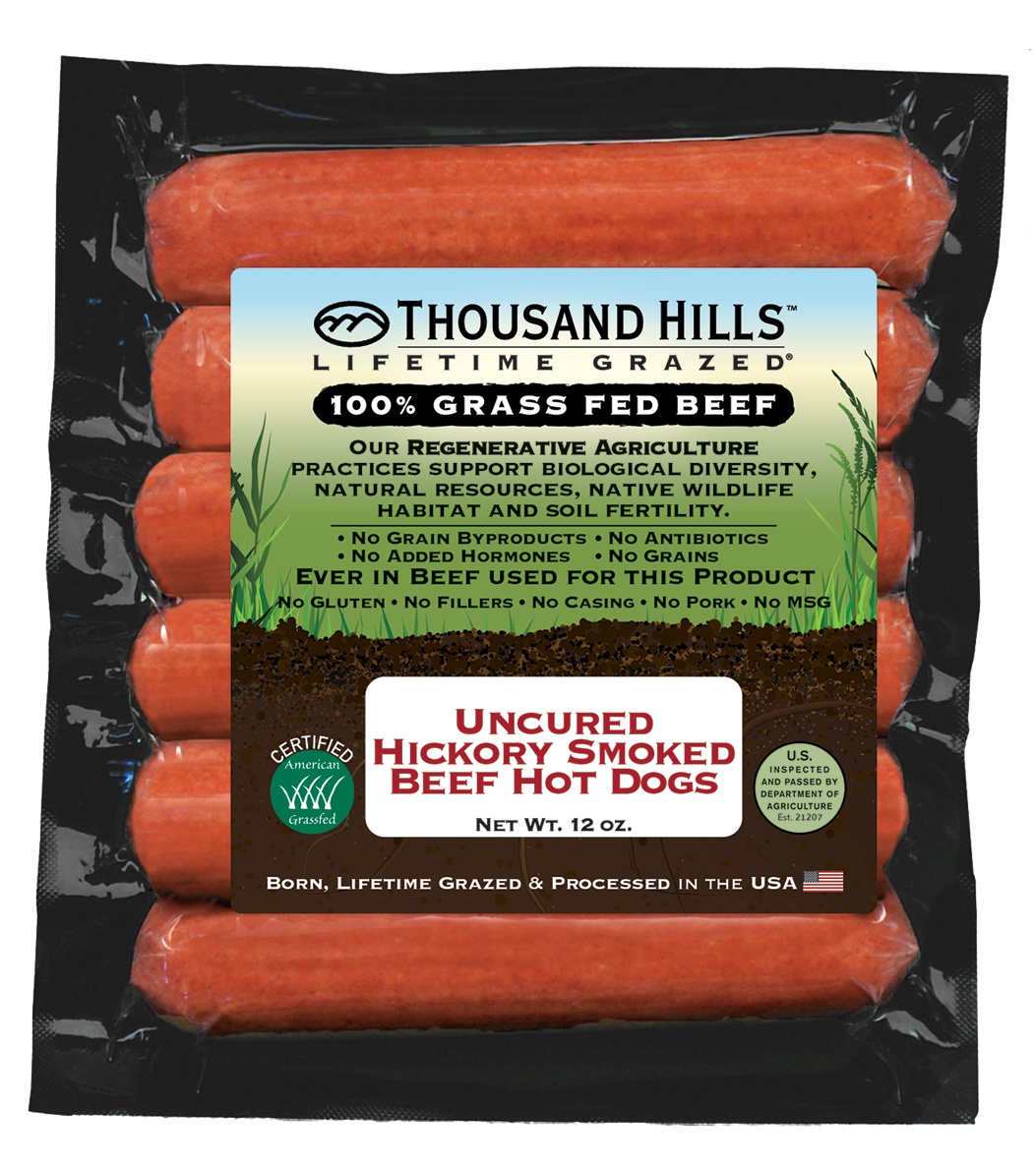 slide 1 of 1, Thousand Hills Cattle Company Beef Smoked Uncured Hot Dogs, 12 oz