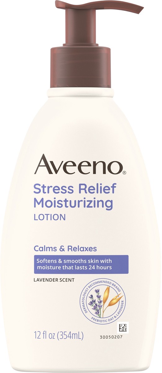 slide 3 of 7, Aveeno Stress Relief Moisturizing Body Lotion with Lavender Scent, Natural Oatmeal to Calm & Relax, Non-Greasy Daily Stress Relief Lotion, 12 fl. oz, 12 fl oz