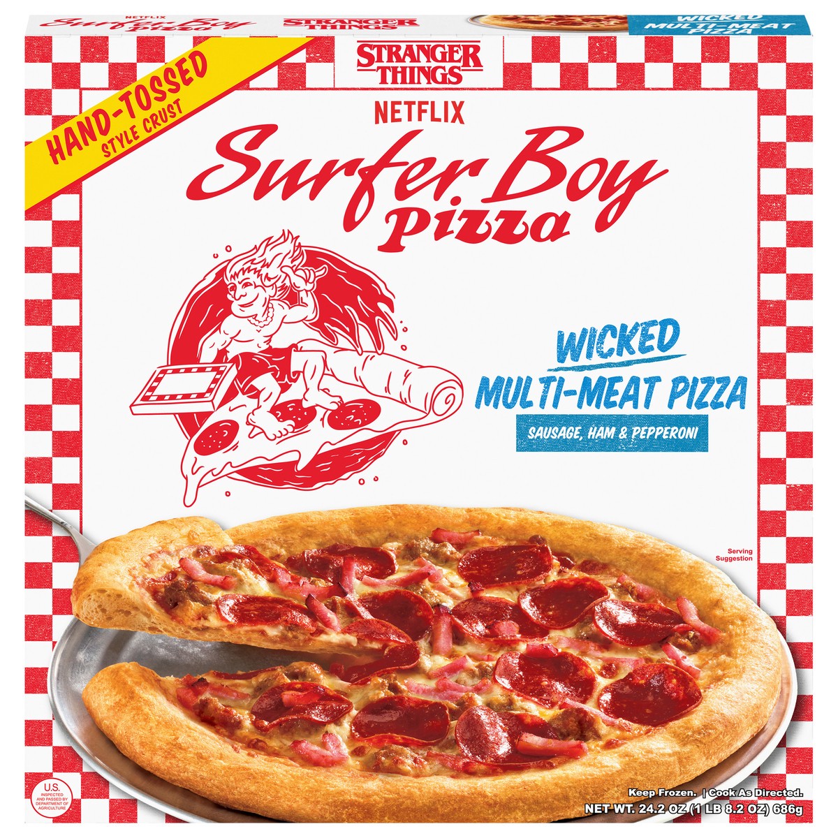 slide 1 of 13, Surfer Boy Pizza Hand-Tossed Style Crust Wicked Multi-Meat Pizza 24.2 oz, 24.2 oz