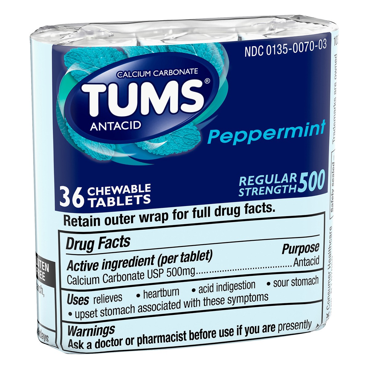 slide 2 of 7, Tums Chewable Tablets Regular Strength 500 Peppermint Antacid 36 ea, 36 ct