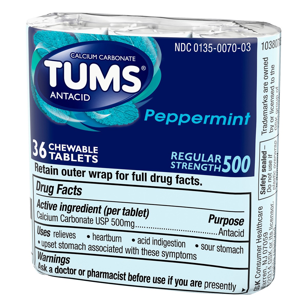 slide 3 of 7, Tums Chewable Tablets Regular Strength 500 Peppermint Antacid 36 ea, 36 ct