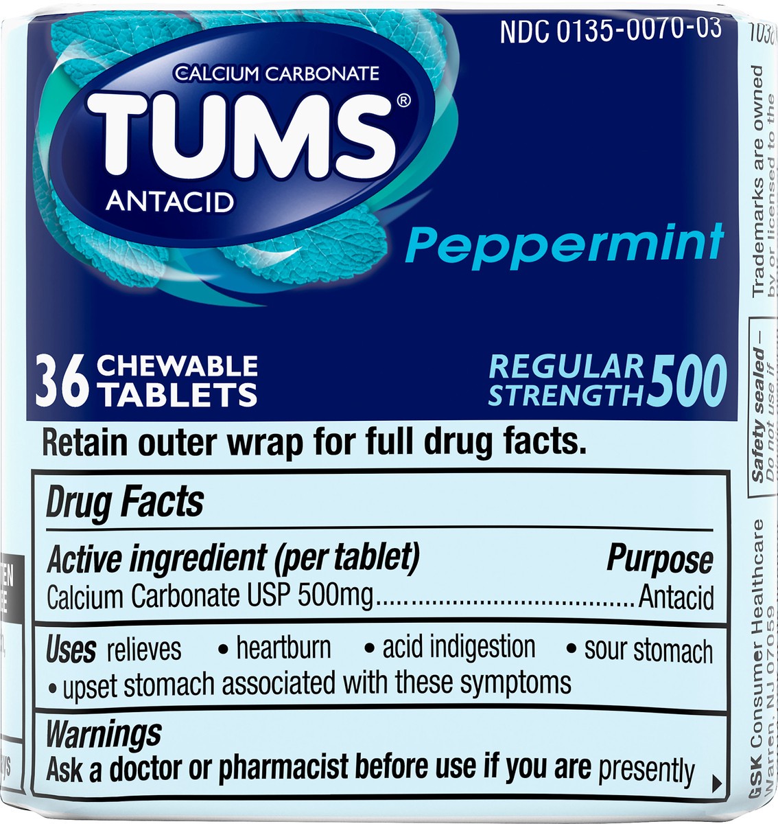 slide 7 of 7, Tums Chewable Tablets Regular Strength 500 Peppermint Antacid 36 ea, 36 ct