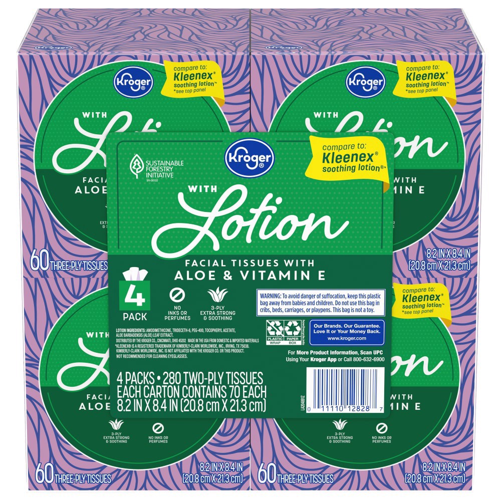 slide 4 of 6, Kroger Facial Tissues With Lotion, 4 ct / 60 ct