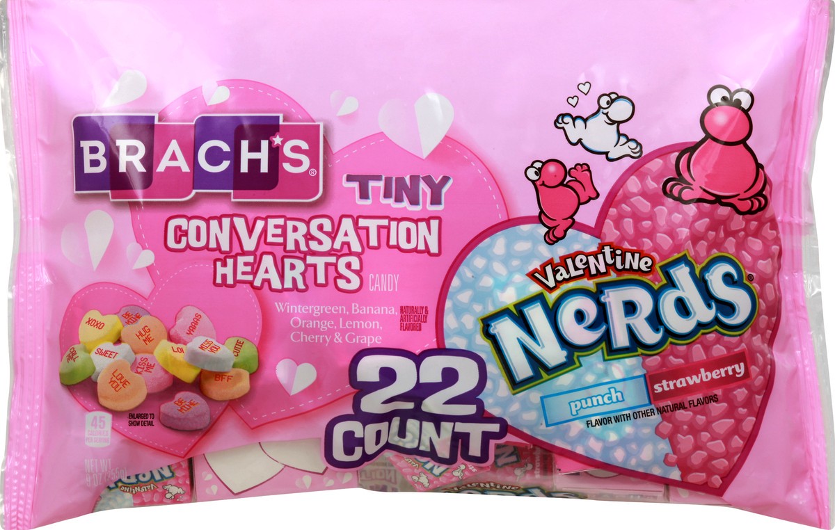 slide 1 of 9, BRACHS Tiny Conversations Hearts/Valentine Nerds Conversation Hearts: Wintergreen, Banana, Orange, Lemon, Cherry & Grape Nerds: Punch Strawberry Candy 22 ea, 22 ct