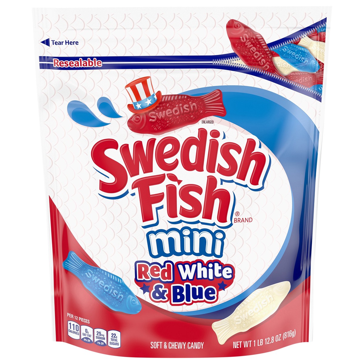 slide 1 of 5, SWEDISH FISH Mini Red, White & Blue Soft & Chewy Candy, Bulk Candy, 1.8 lb, 28.8 oz