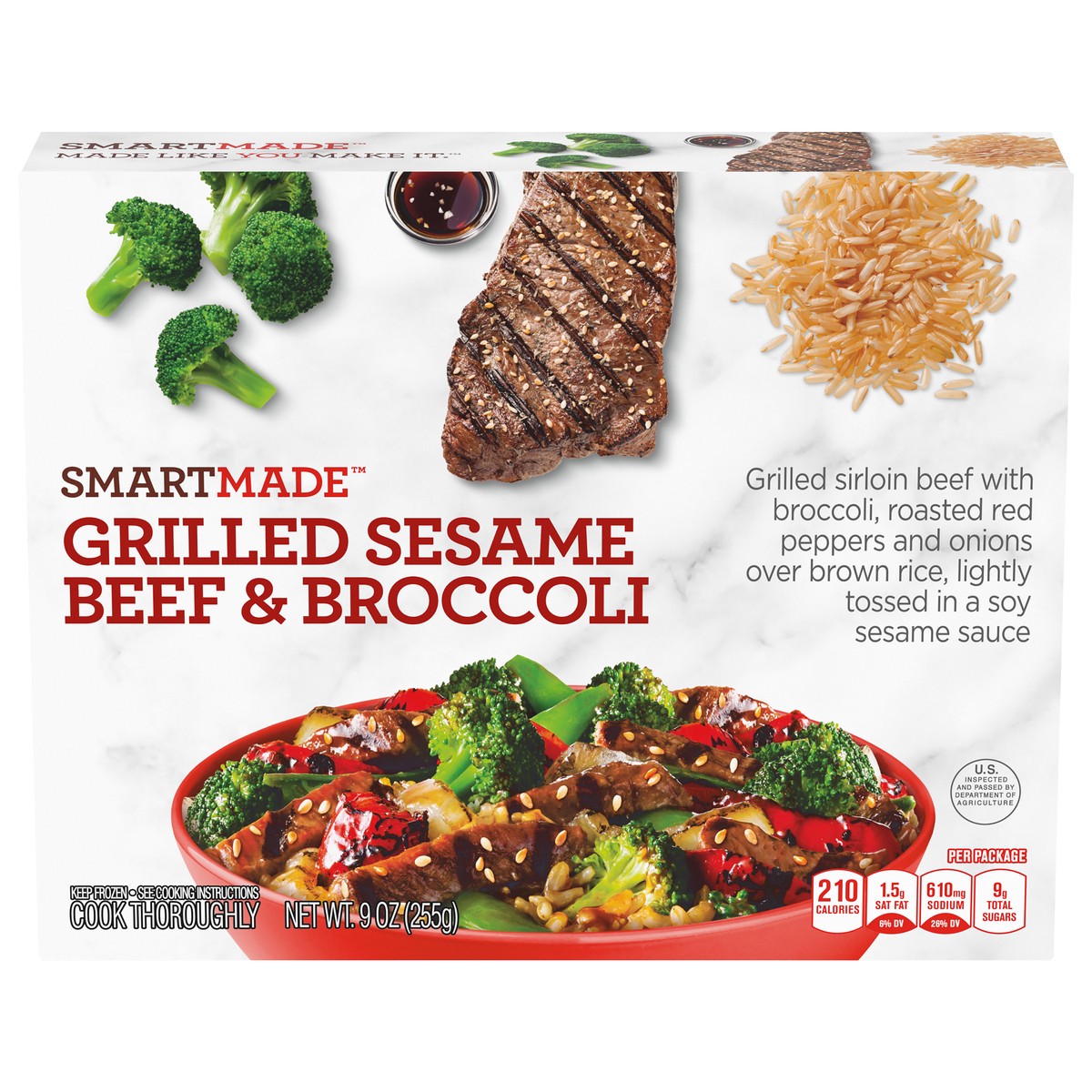 slide 3 of 14, Smart Made Grilled Sesame Beef & Broccoli with Red Peppers, Brown Rice & Soy Sesame Sauce Frozen Meal, 9 oz Box, 9 oz