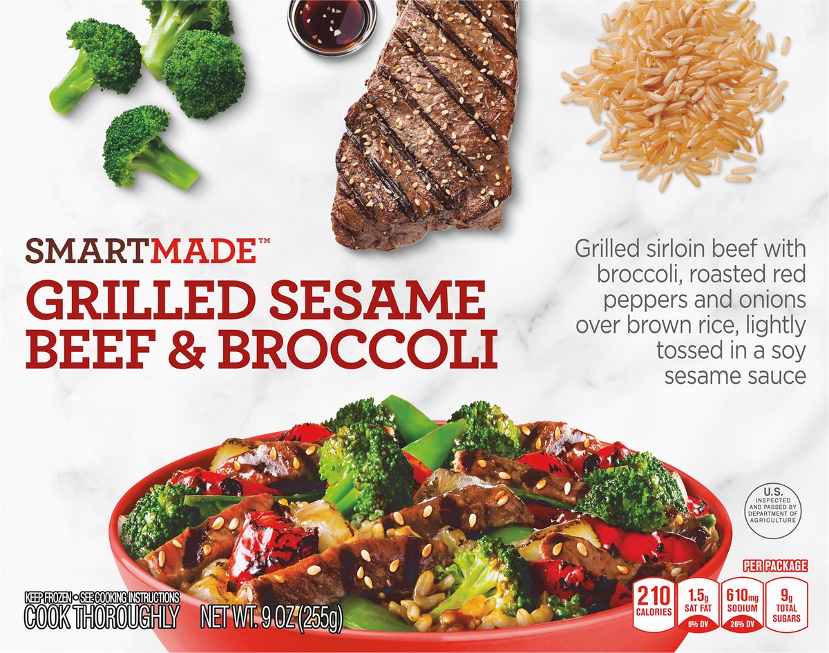 slide 4 of 14, Smart Made Grilled Sesame Beef & Broccoli with Red Peppers, Brown Rice & Soy Sesame Sauce Frozen Meal, 9 oz Box, 9 oz