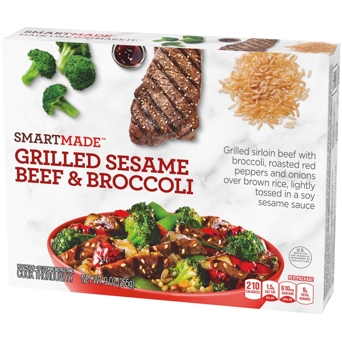 slide 12 of 14, Smart Made Grilled Sesame Beef & Broccoli with Red Peppers, Brown Rice & Soy Sesame Sauce Frozen Meal, 9 oz Box, 9 oz